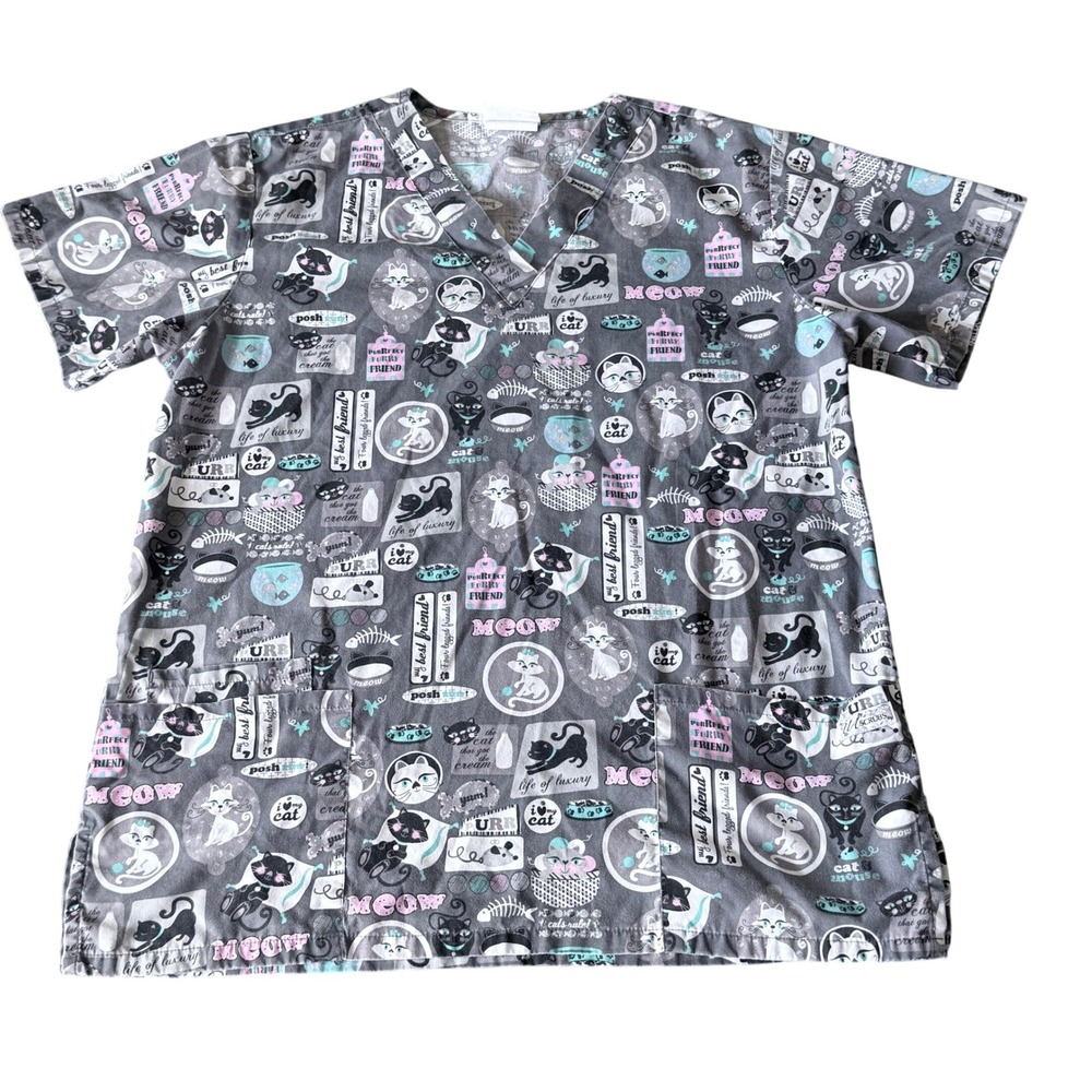 UA Scrubs Furry Friends Granite Cat Print V-Neck Scrub Top Grey Medium